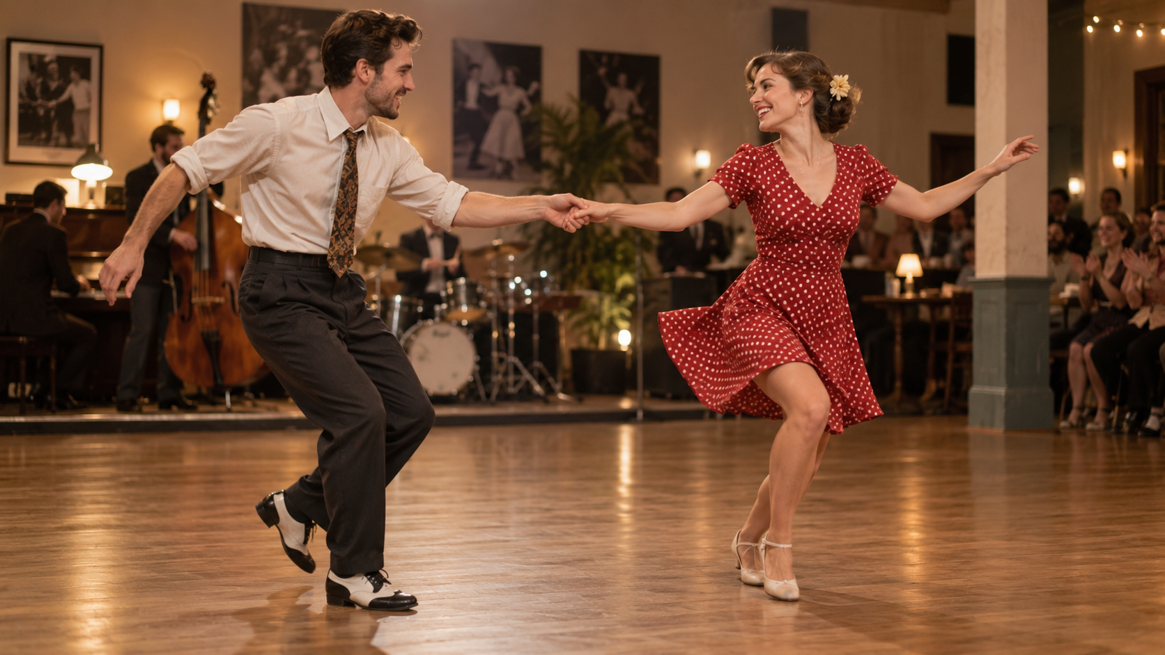 Couple de Lindy Hop dans une salle de bal