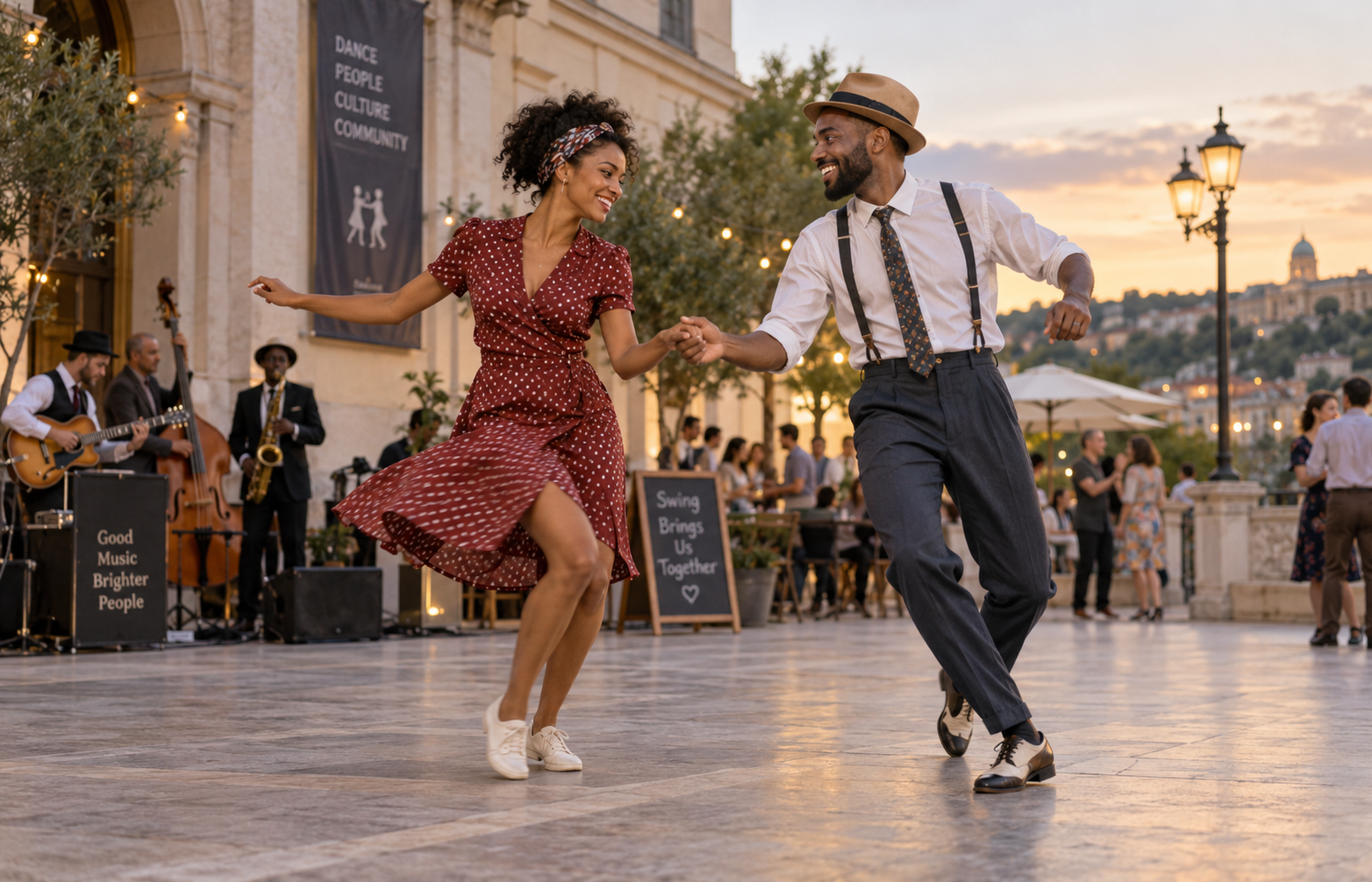 Couple de danseurs swing sur une terrasse au crépuscule
